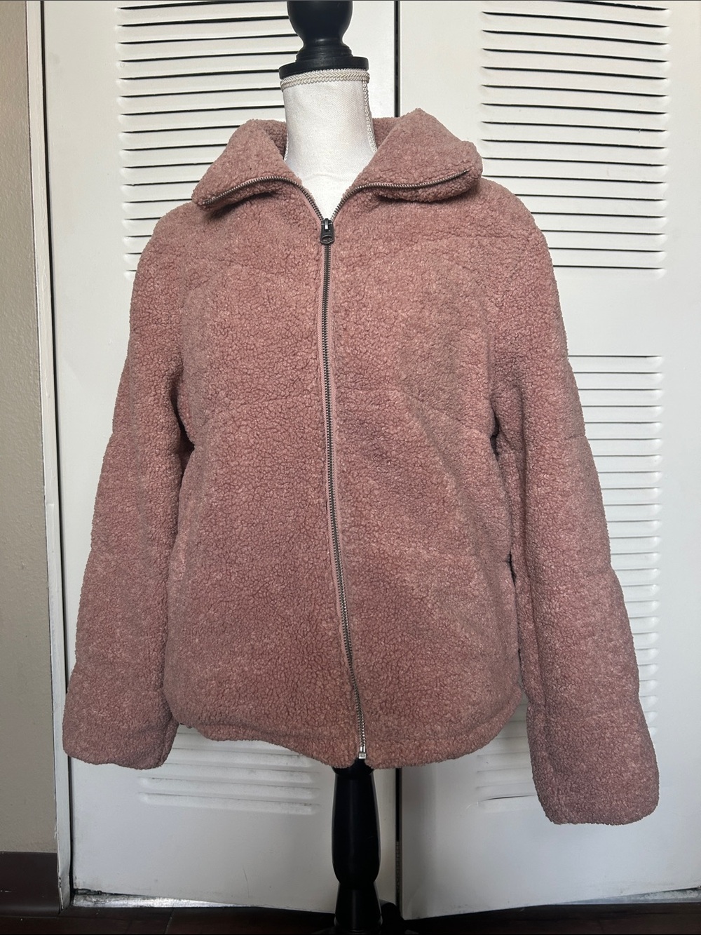 Lucky Brand Plush Zip-Up Teddy Jacket - Mauve Pink